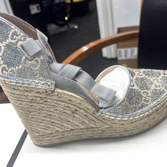 GUCCI SHOES HERITAGE PILAR LAME SILVER GG PLATFORM ESPADRILLE WEDGES 38.5 US 8 - Picture 8 of 16